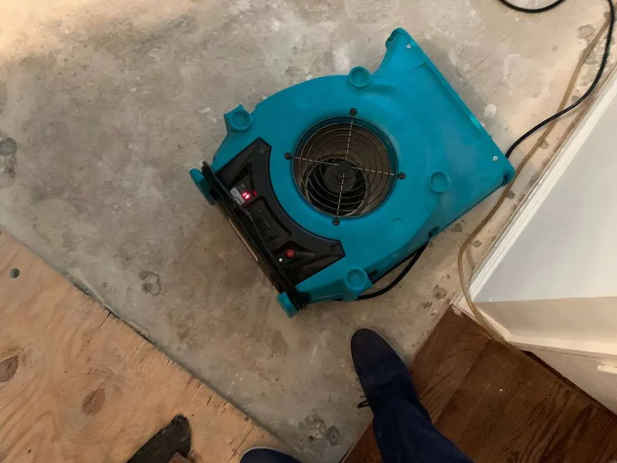 Air mover drying subfloor during Commercial Water Damage Restoration in New Scotland